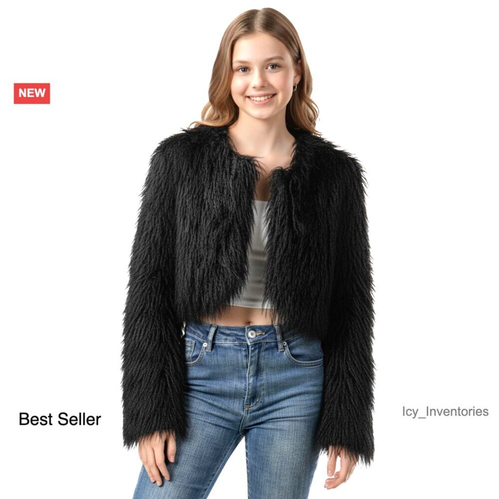 Cropped Mongolian Faux Fur Coat Fluffy Jacket Women's Plus Size Winter Outerwear